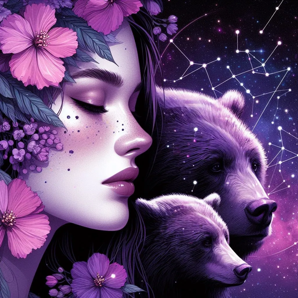 Rostro de mujer con flores junto a dos osos oscuros
