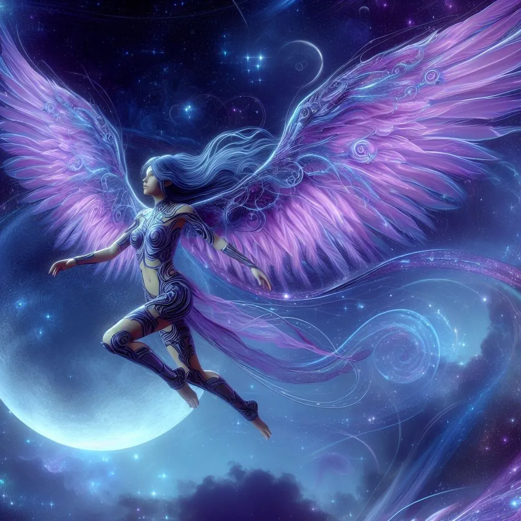 Mujer con grandes alas violetas volando sobre la luna