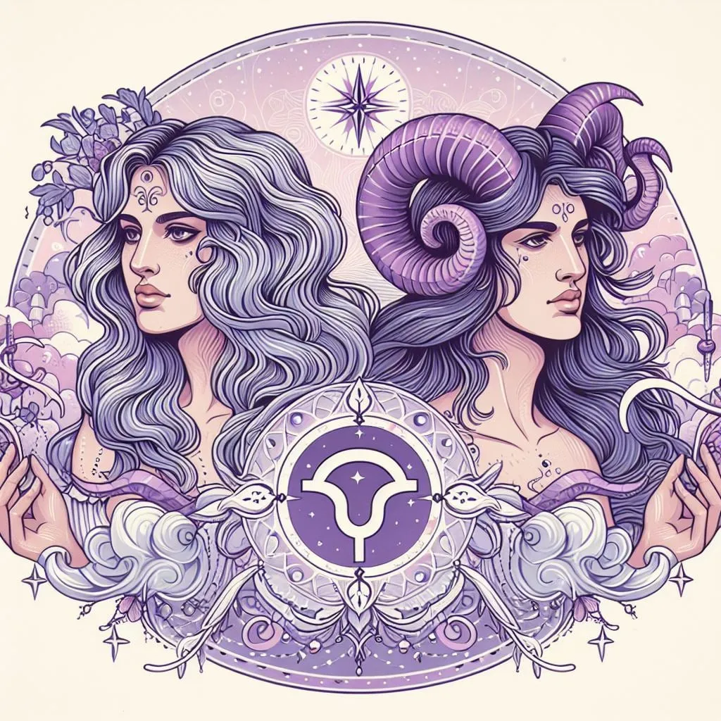 Dos figuras de cabello ondulado con cuernos de carnero y el glifo de Tauro