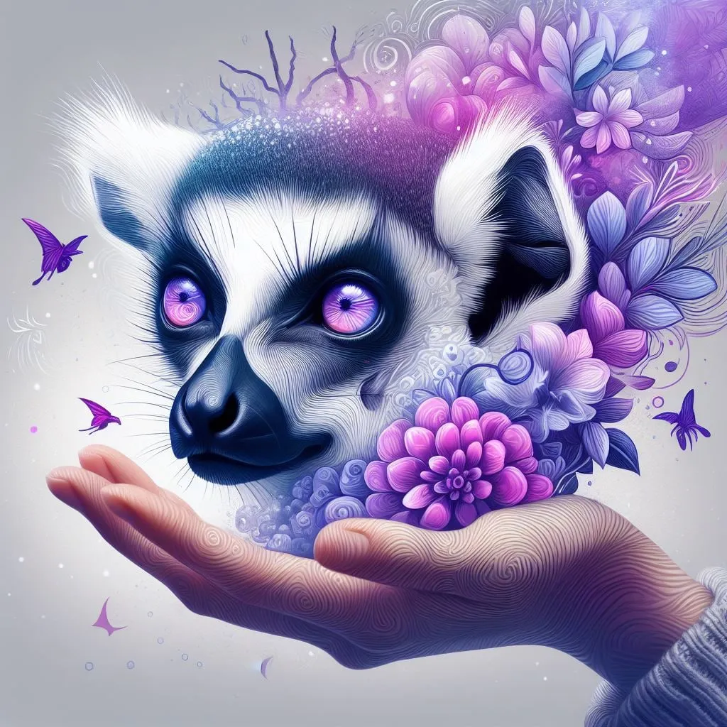 Lémur de ojos violetas apoyado en una mano, rodeado de flores