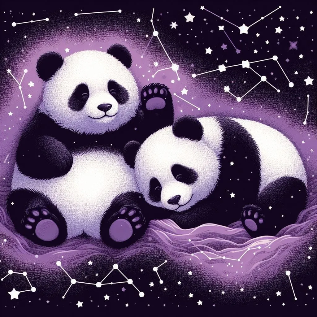 Dos pandas juguetones entre estrellas