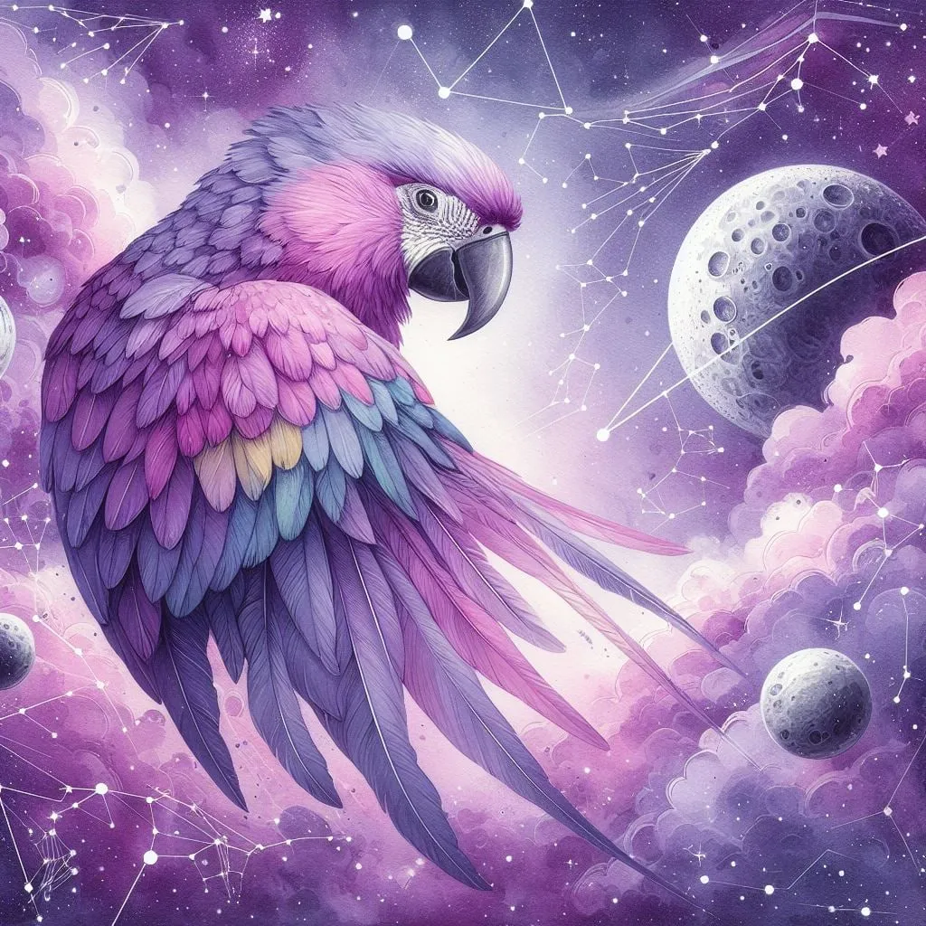 Papagayo rosado de cola larga entre nubes y planetas