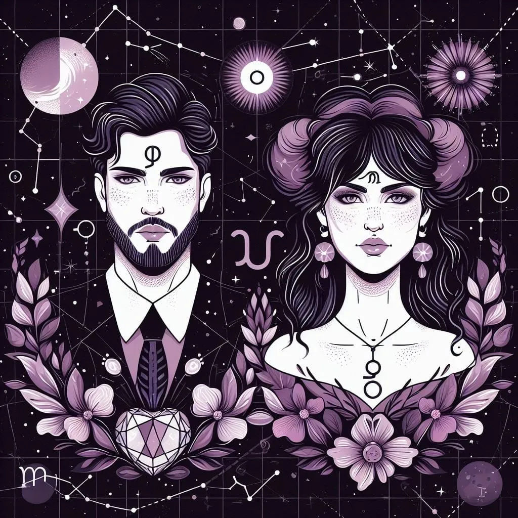 Hombre y mujer ilustrados entre flores y símbolos zodiacales sobre fondo negro
