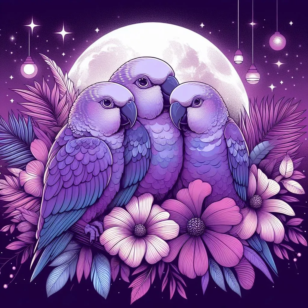 Tres papagayos violetas juntos ante la luna llena