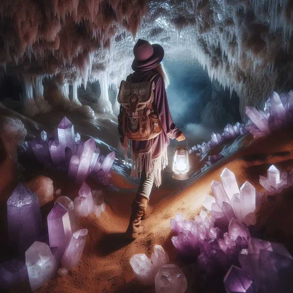 Mujer con farol caminando por una cueva llena de cristales