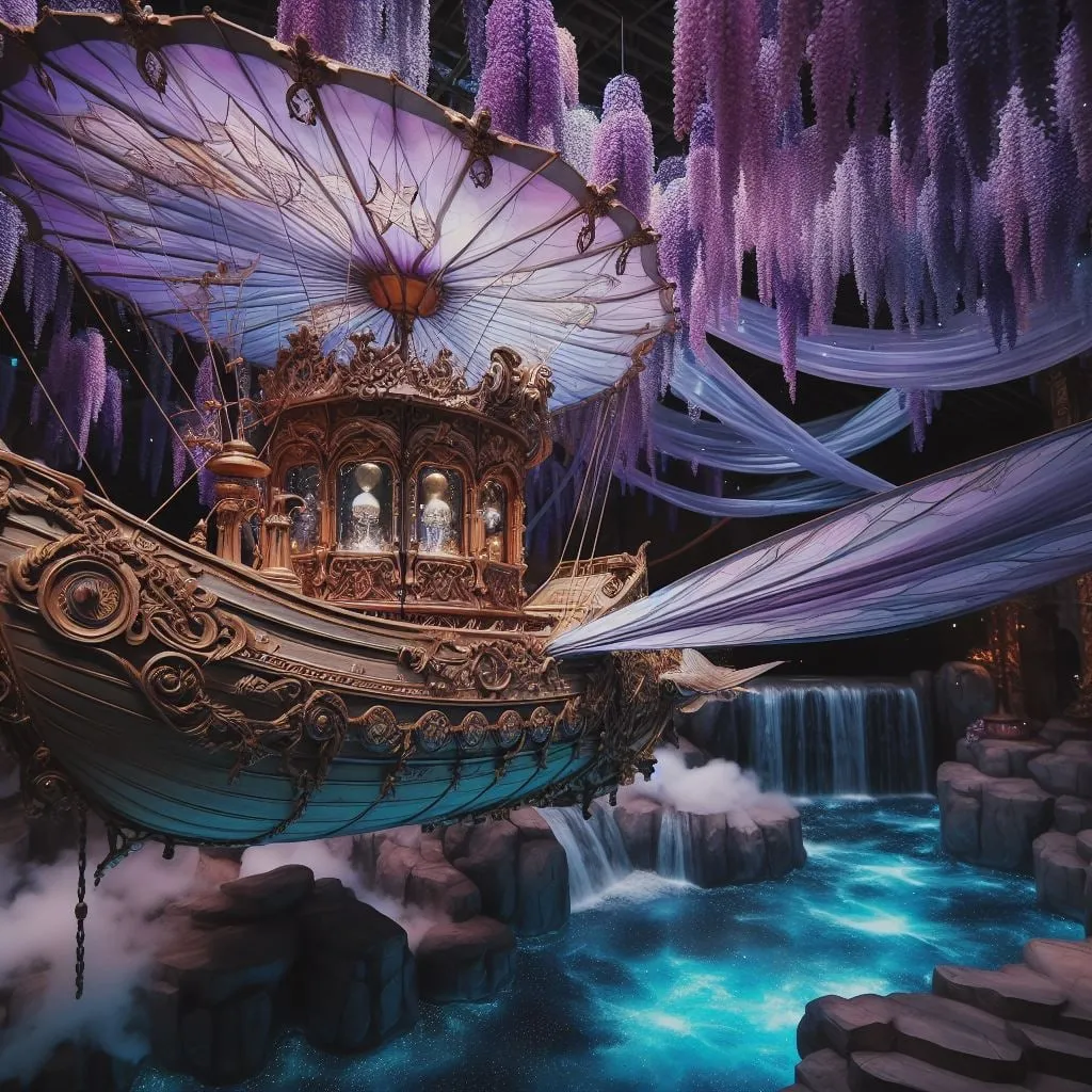 Barco volador ornamentado sobre una cascada de agua luminosa
