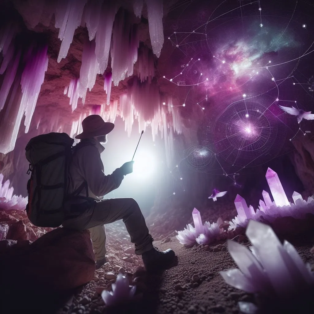 Explorador con linterna sentado bajo estalactitas