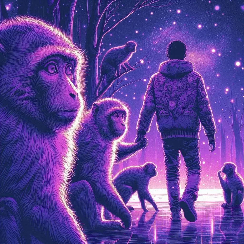 Hombre que camina junto a un macaco en un bosque violeta