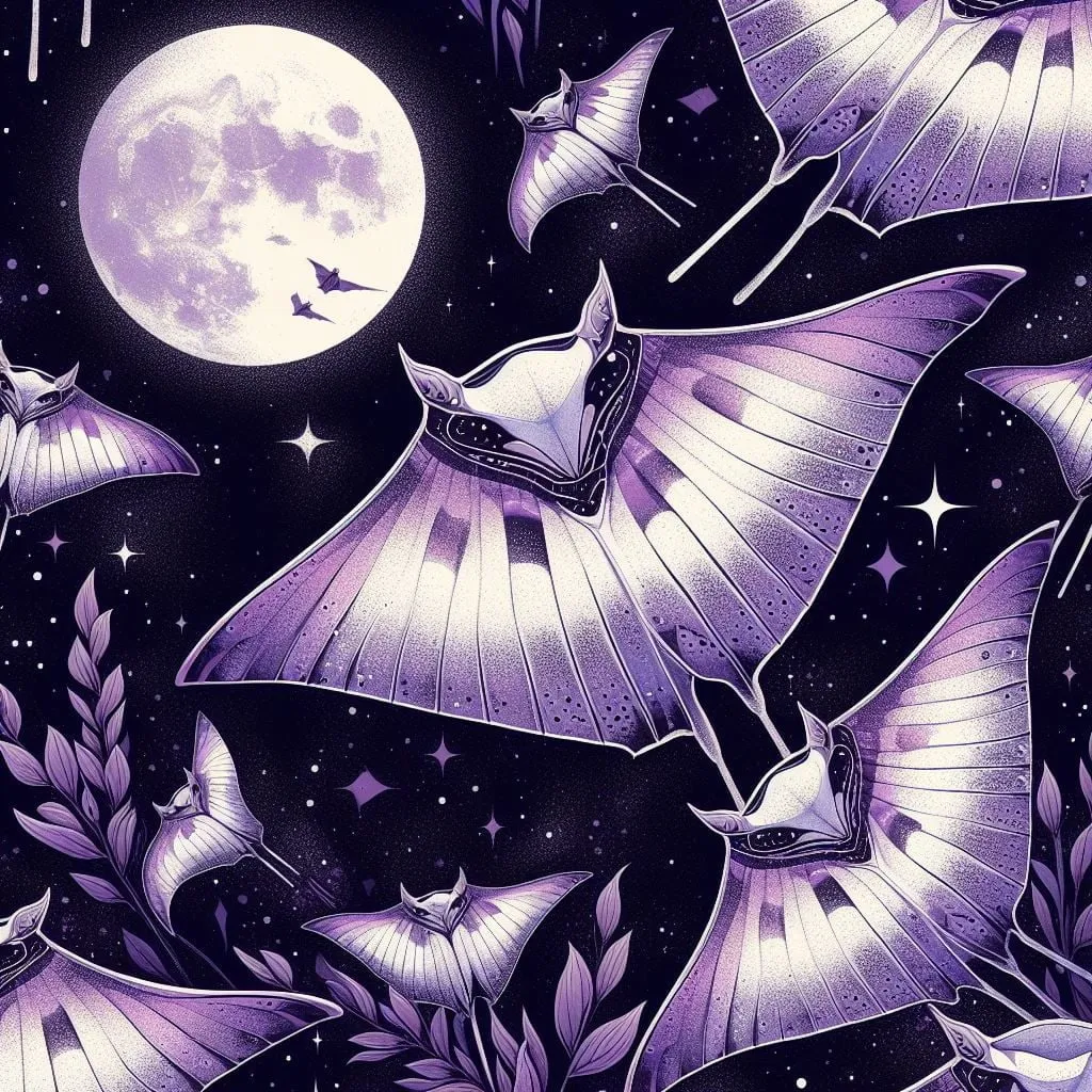 Grupo de mantarrayas blancas bajo la luna llena