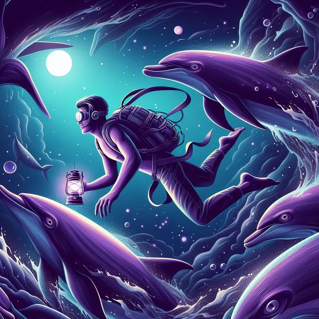 Buzo con un farol nadando entre delfines