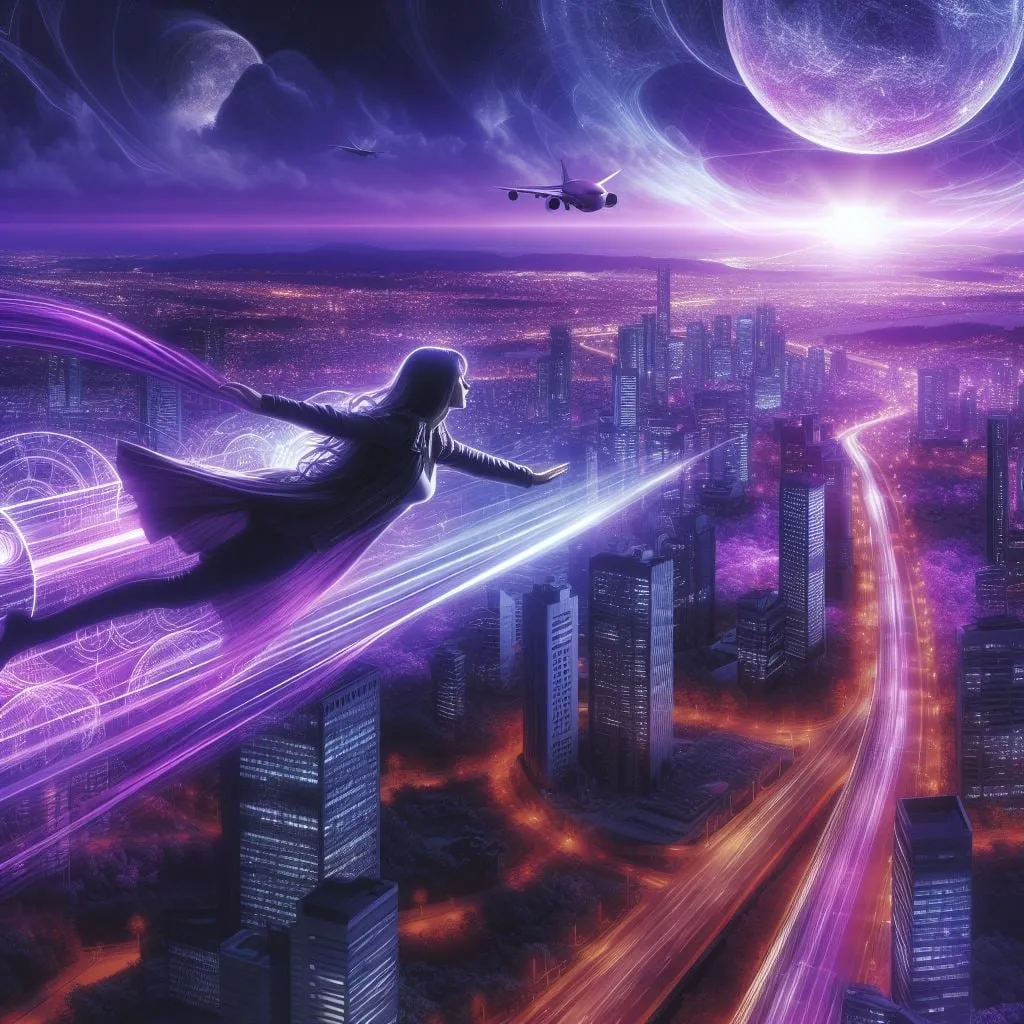 Figura volando en una estela de luz sobre una ciudad nocturna