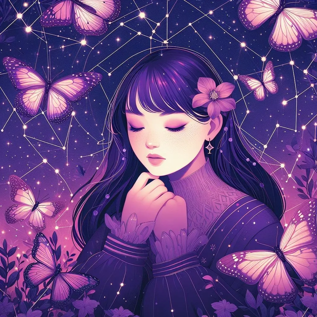 Mujer con los ojos cerrados entre mariposas y constelaciones