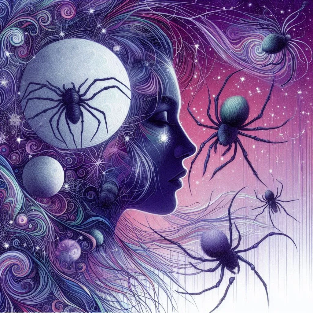 Perfil de mujer junto a una luna con una araña negra y telarañas