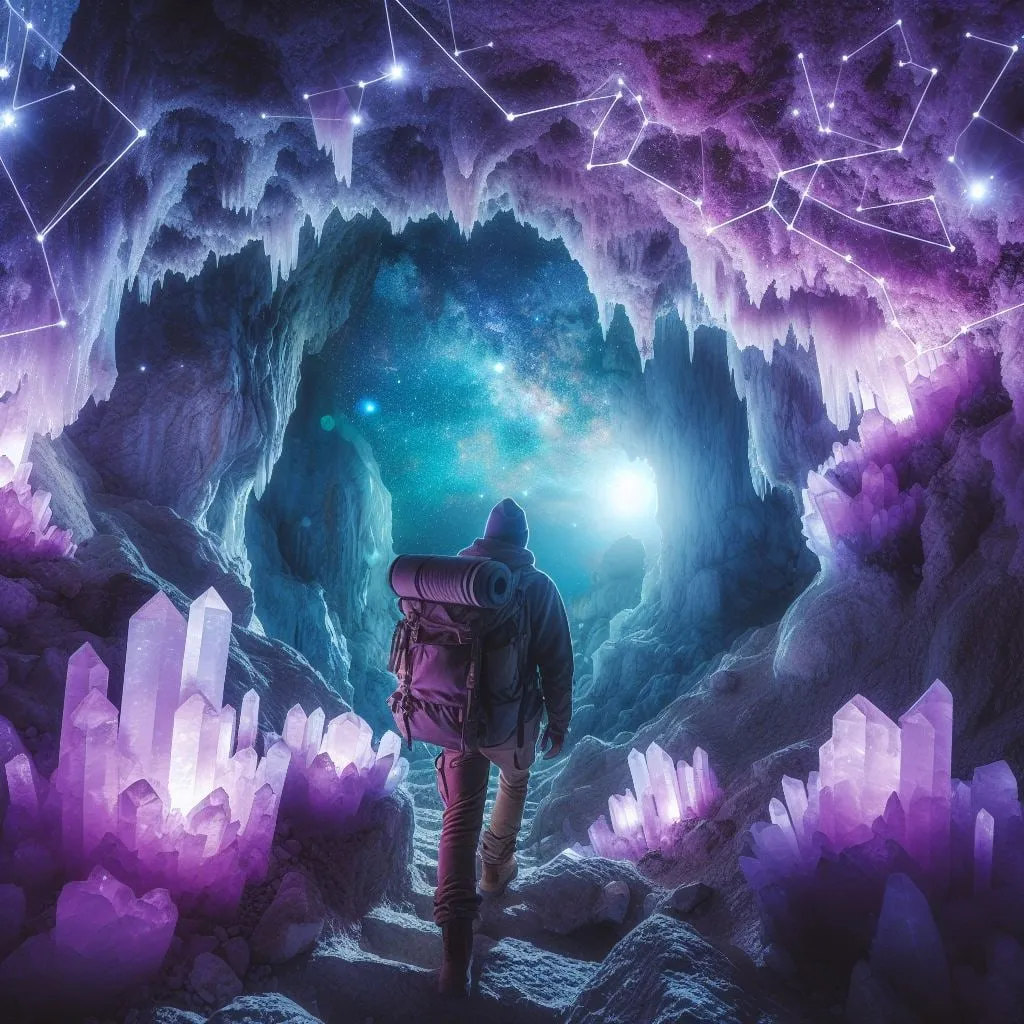 Explorador con mochila entrando en una cueva de cristales violetas
