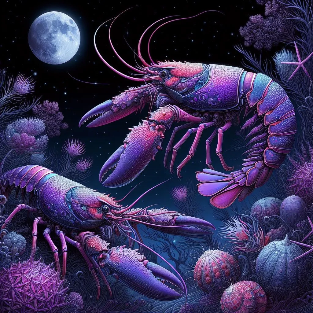 Langostas violetas en el fondo marino bajo la luna llena