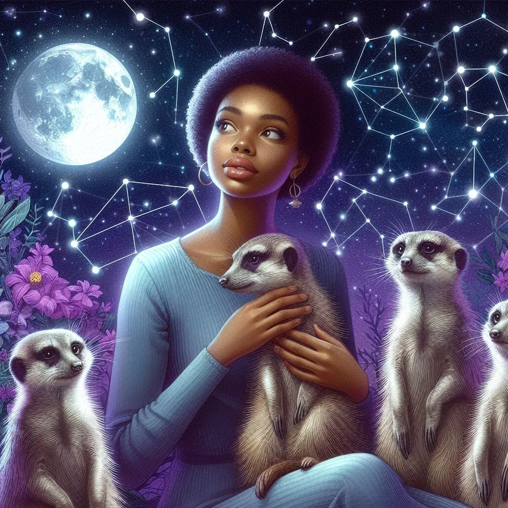 Mujer sosteniendo una suricata entre otras suricatas bajo la luna