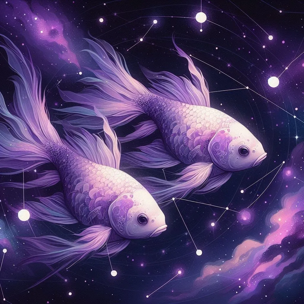 Dos peces violetas nadando entre constelaciones