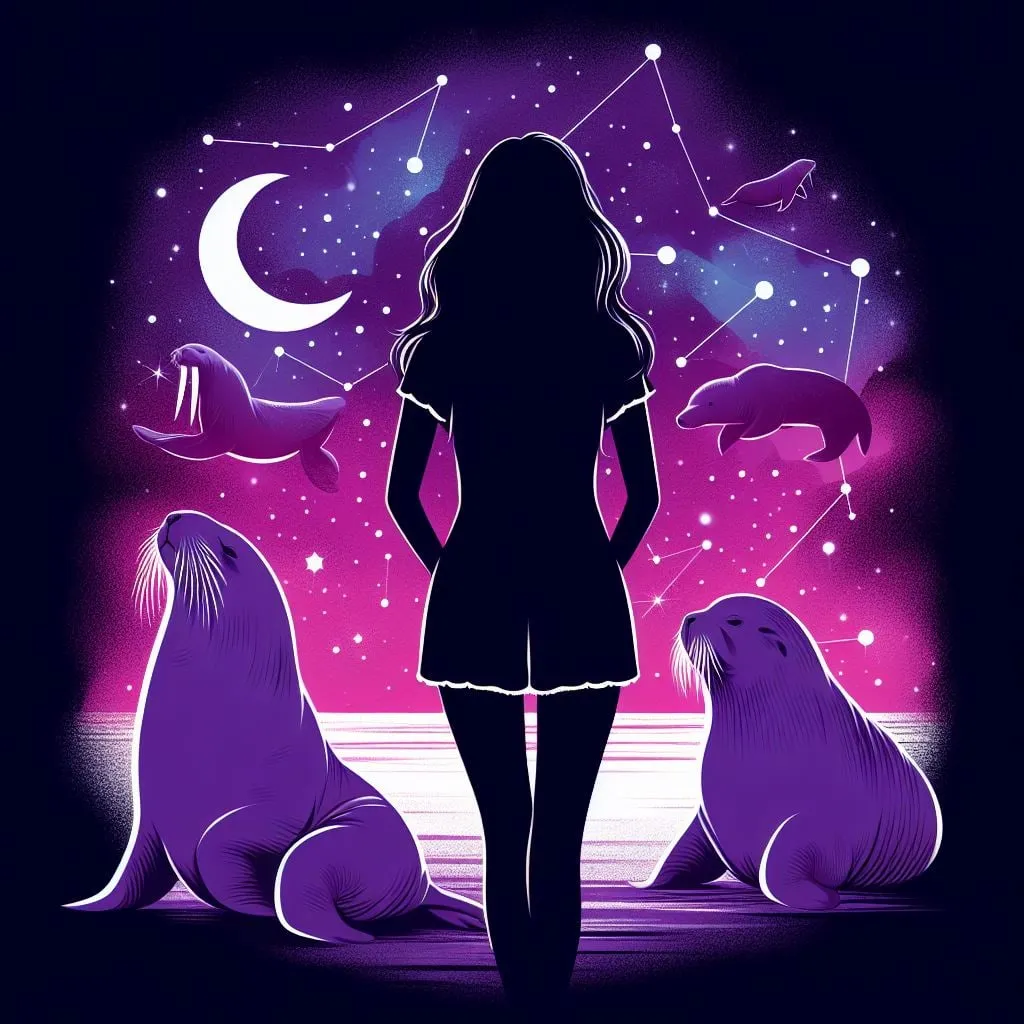 Silueta de mujer entre dos focas frente a la luna creciente