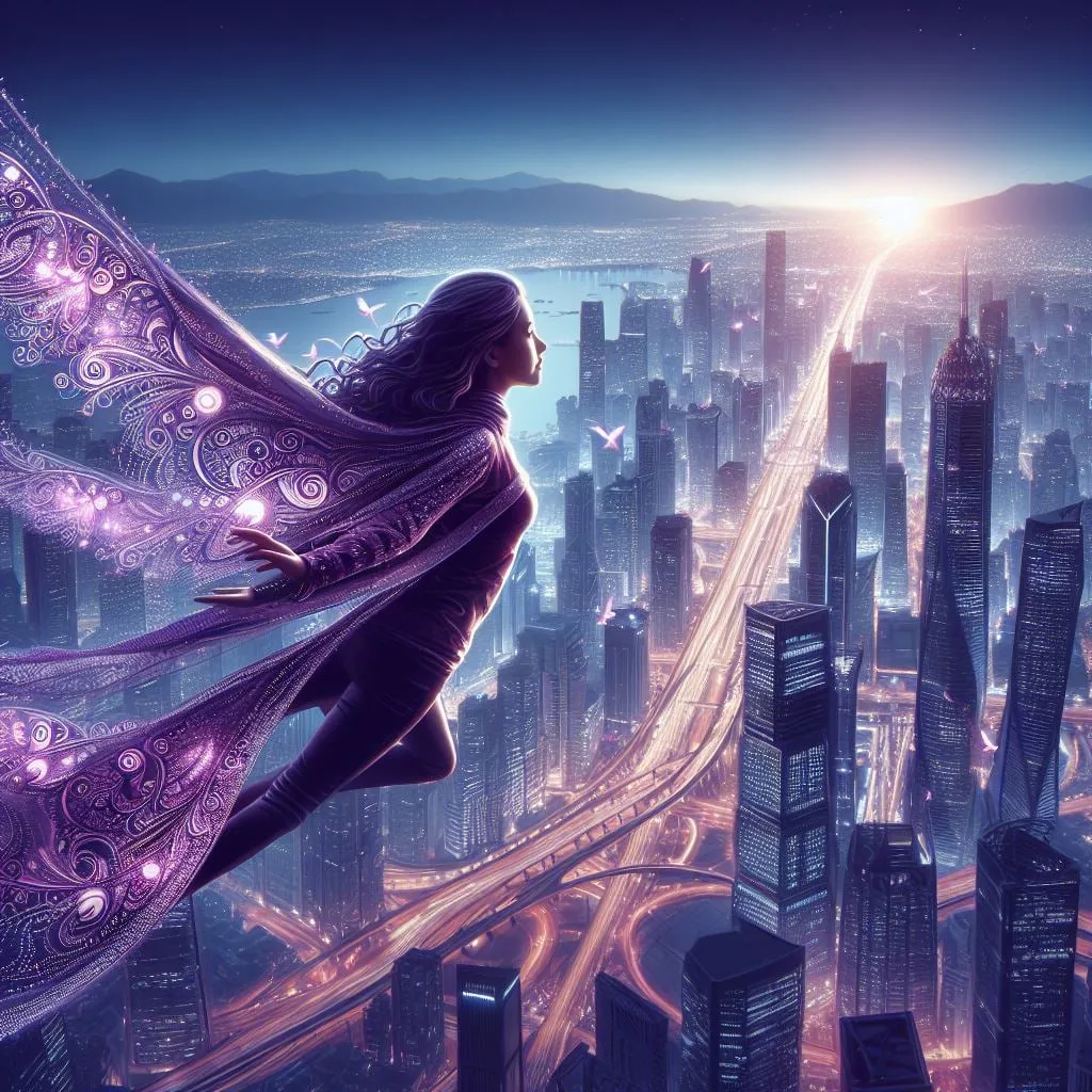 Mujer con capa estampada volando sobre avenidas al amanecer
