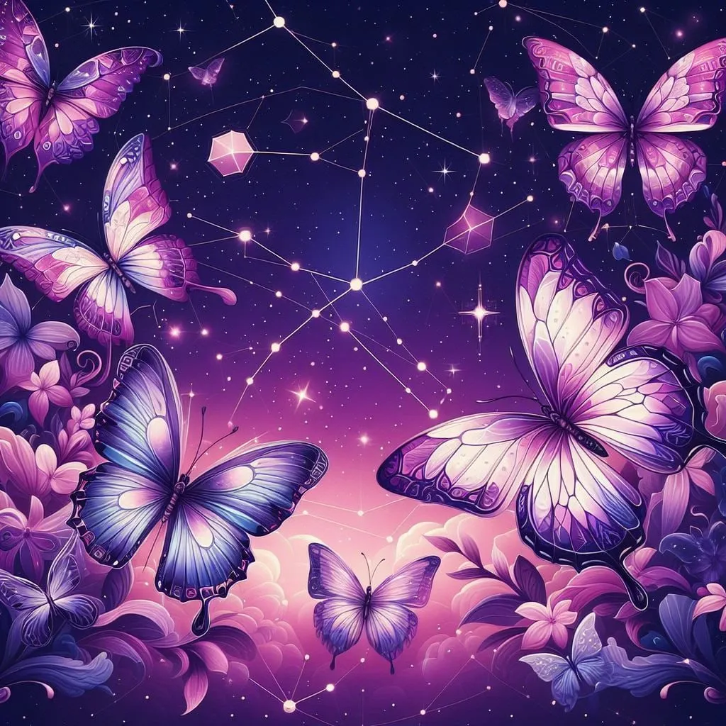 Mariposas rosadas volando sobre un jardín de noche