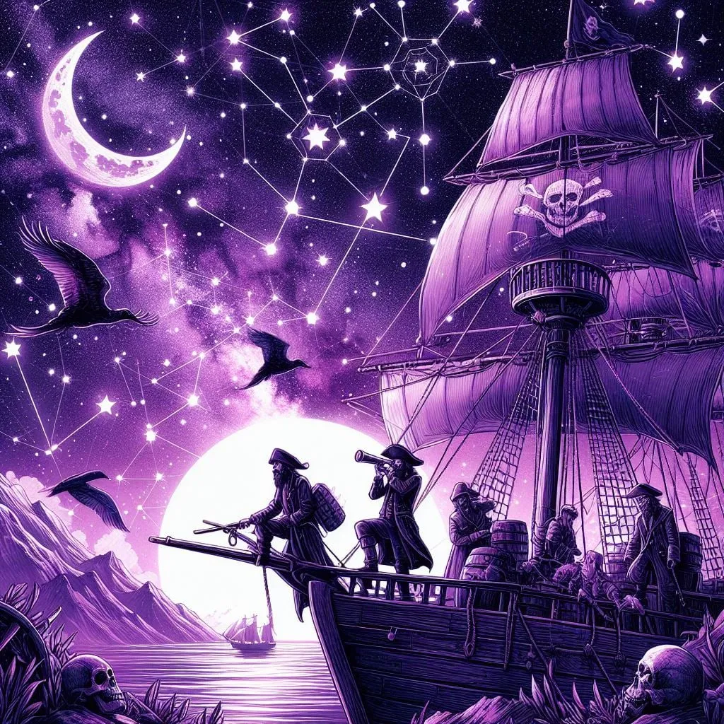 Piratas en la cubierta de un barco bajo la luna creciente y constelaciones