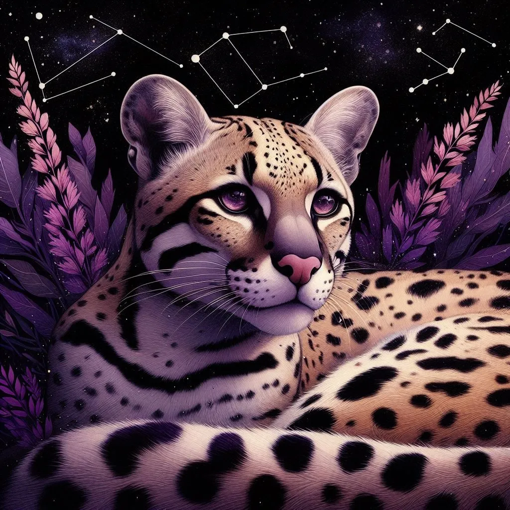 Ocelote recostado entre plantas violetas bajo constelaciones