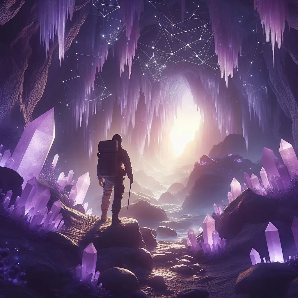 Persona en lo alto de una cueva de cristales que se abre a la luz