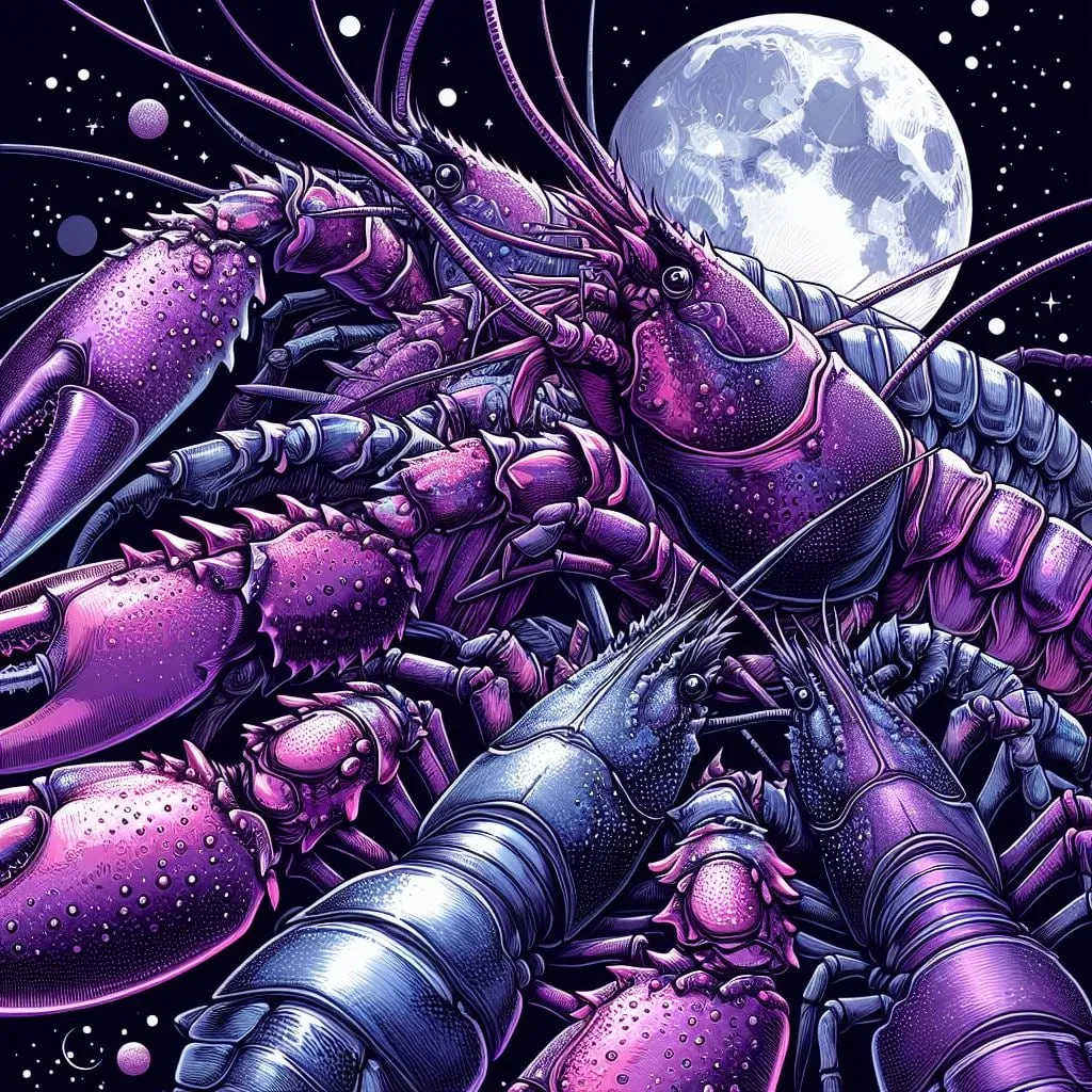 Grupo de langostas violetas y azules amontonadas bajo la luna