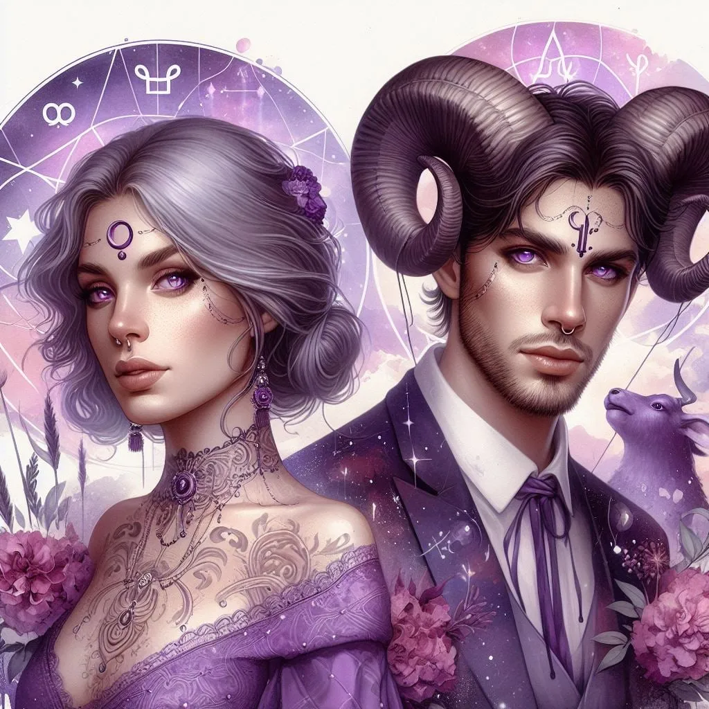 Mujer de cabello plateado y hombre con cuernos de carnero ante una rueda zodiacal