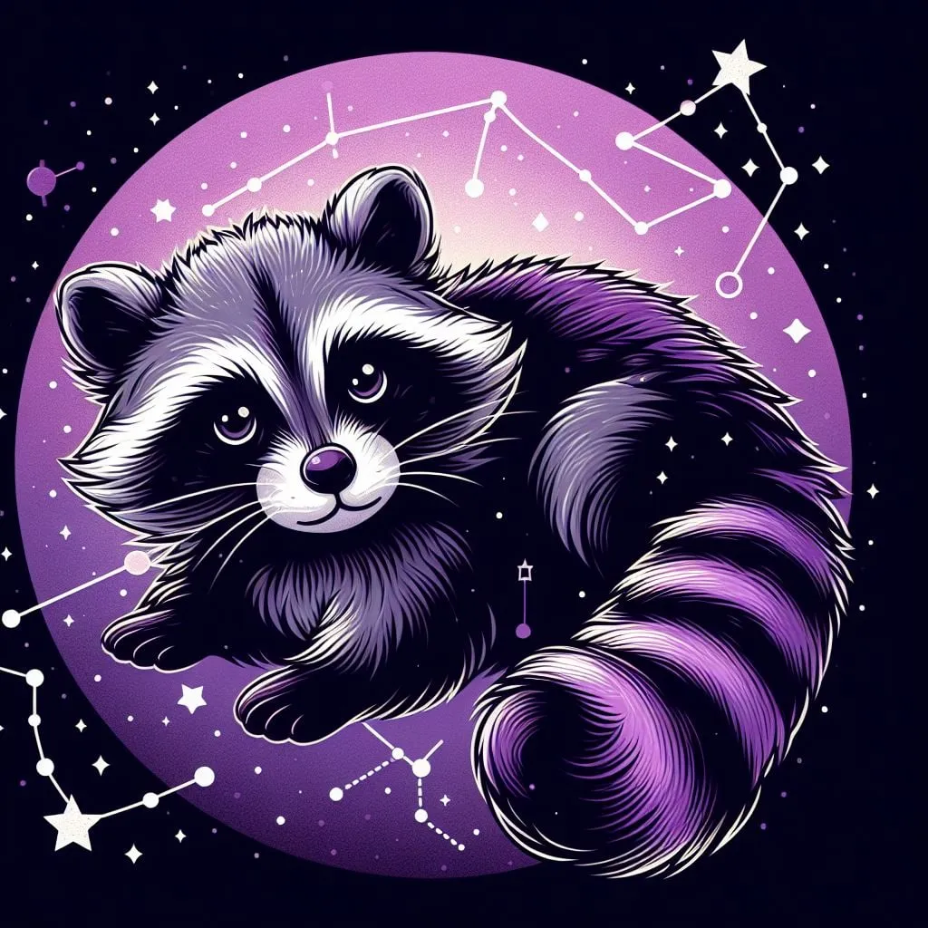 Mapache de cola rayada frente a una luna violeta