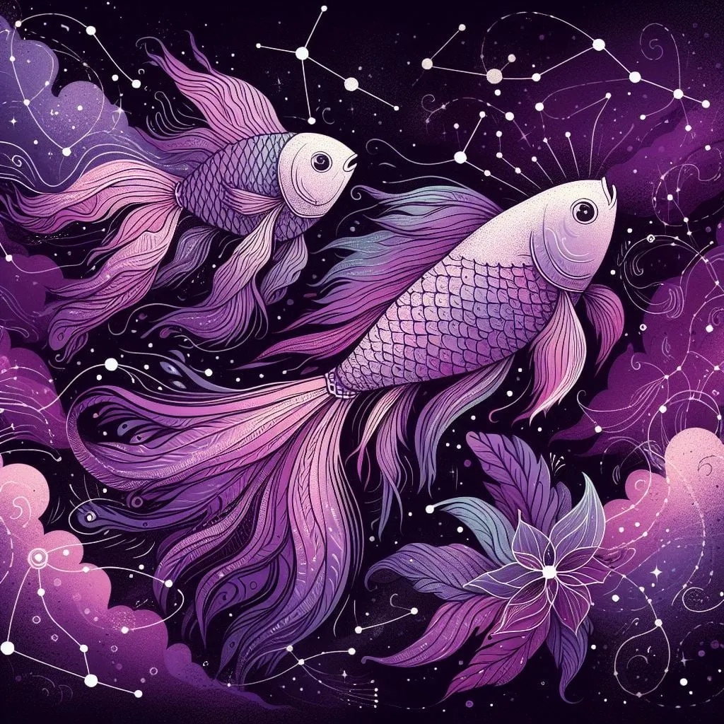 Peces de aletas sedosas entre nubes violetas