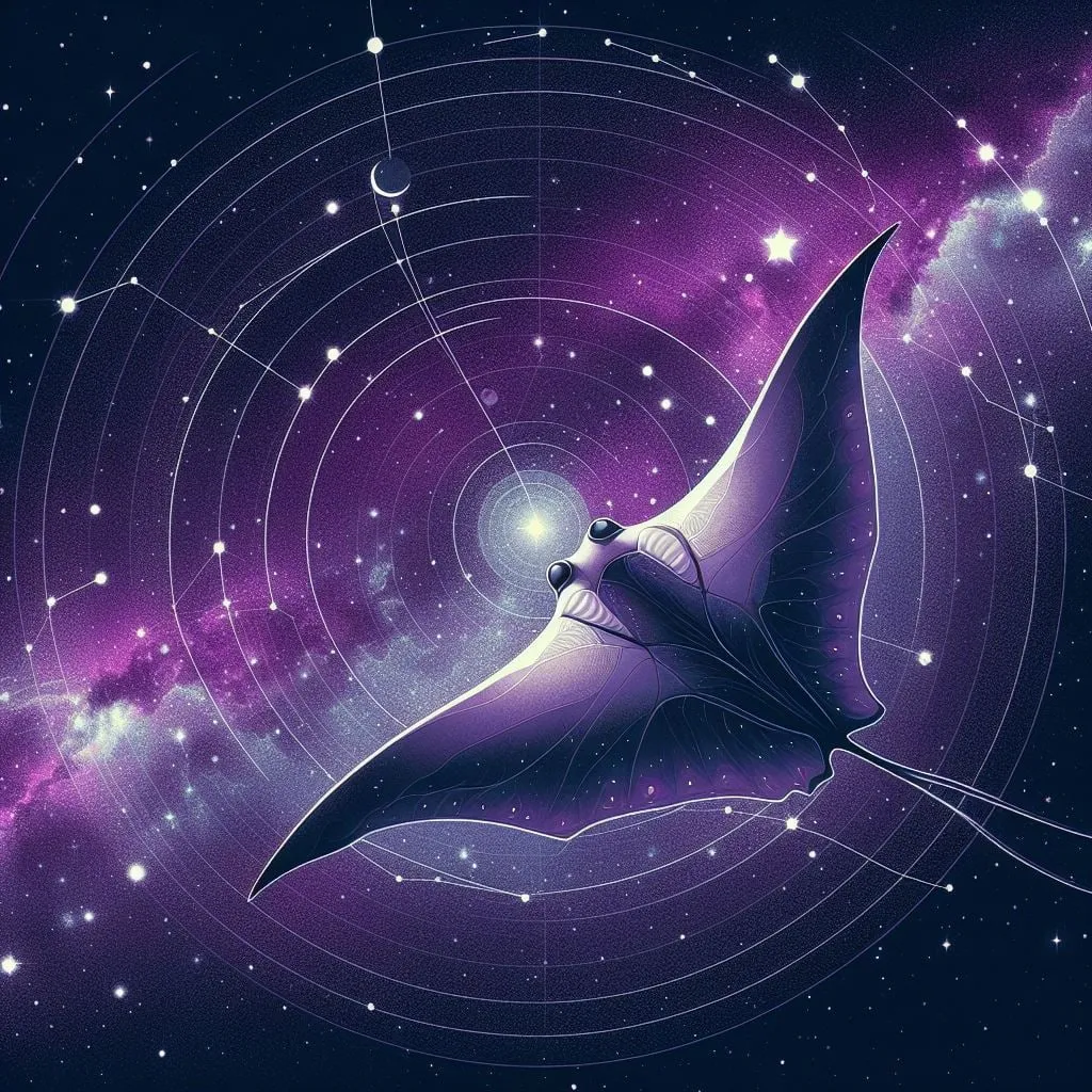 Mantarraya nadando entre órbitas y una galaxia