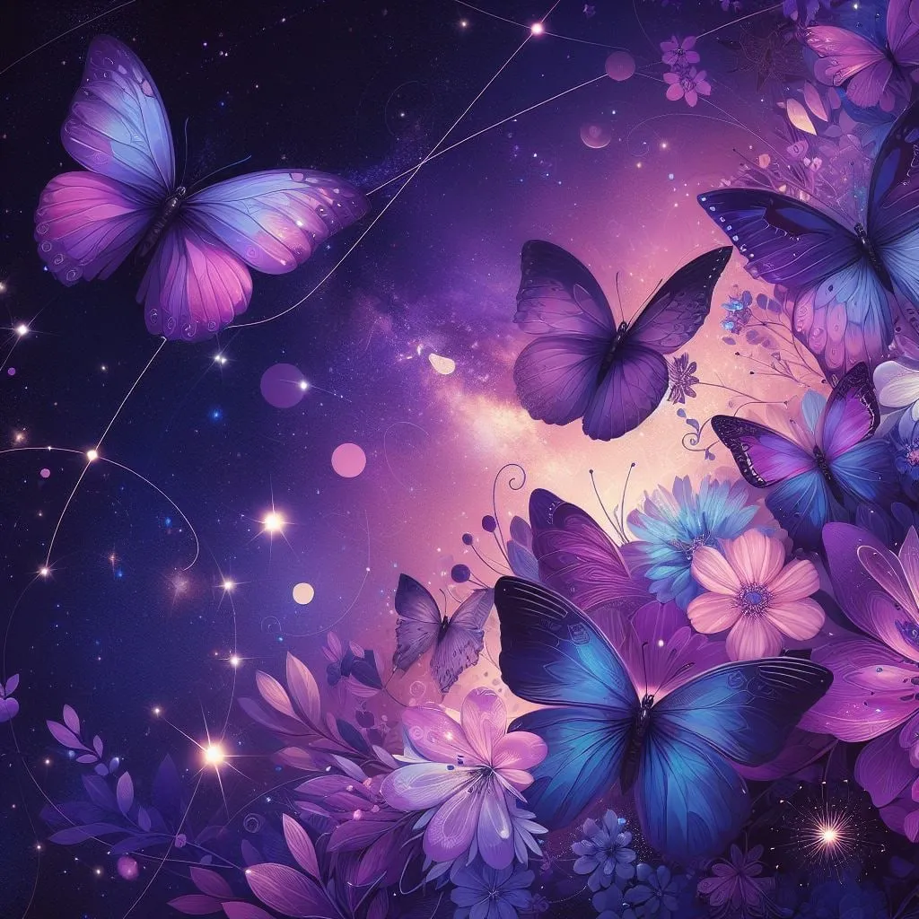 Mariposas violetas y azules entre flores y estrellas