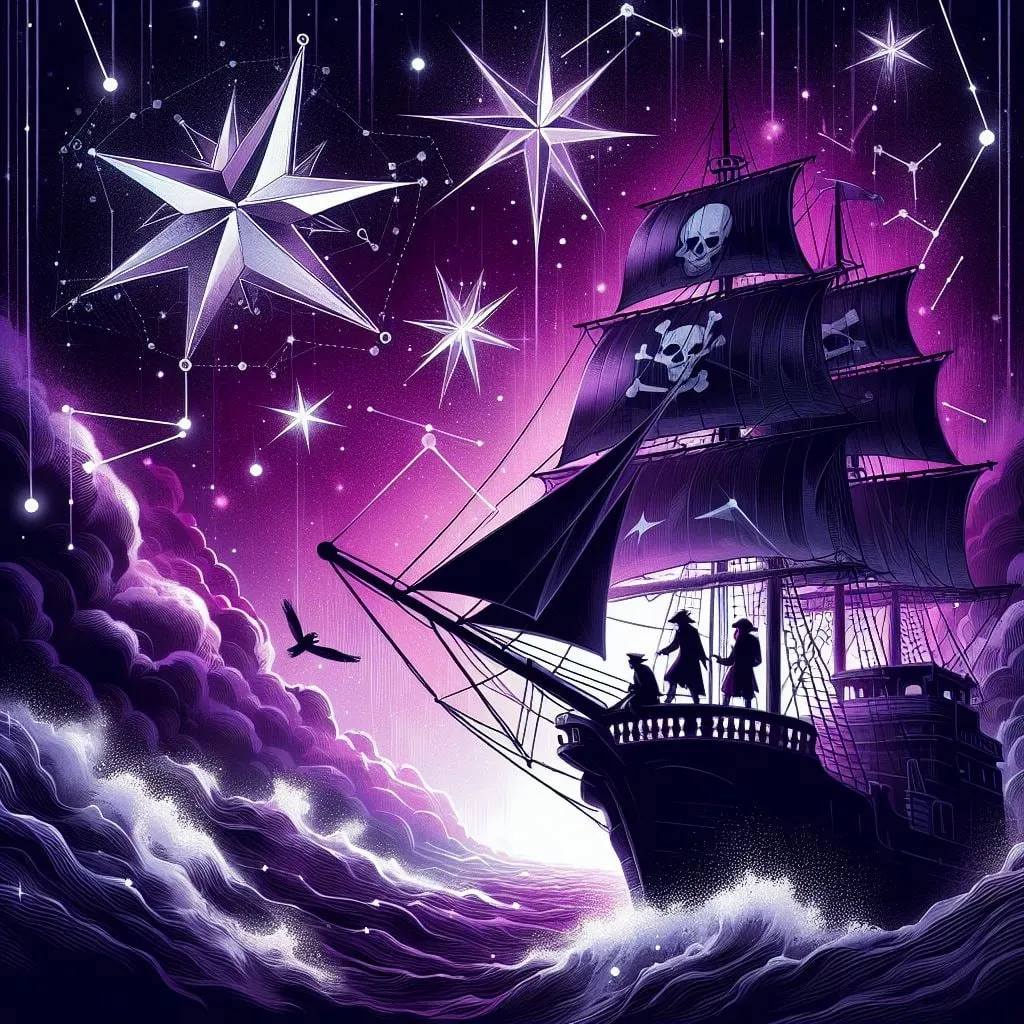 Barco pirata de velas negras navegando entre olas y estrellas