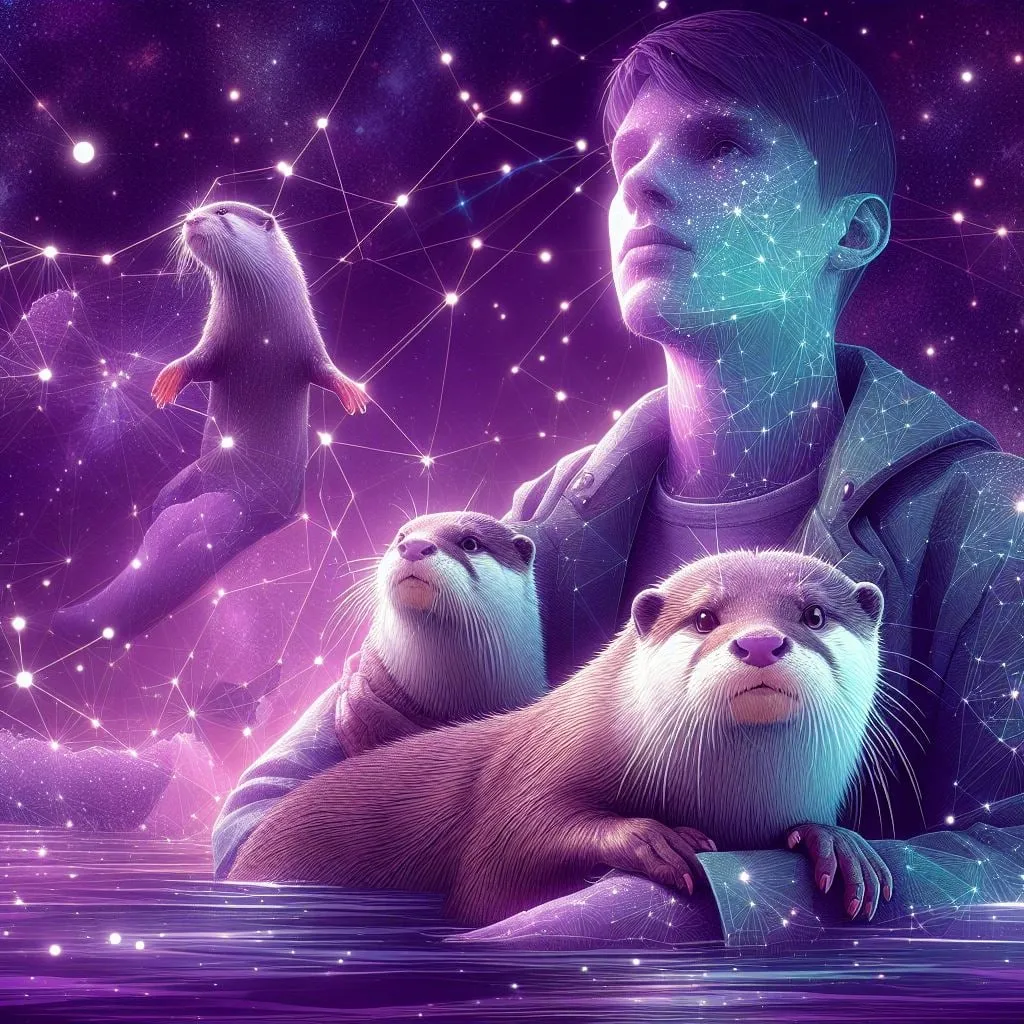Joven entre dos nutrias bajo un cielo estrellado