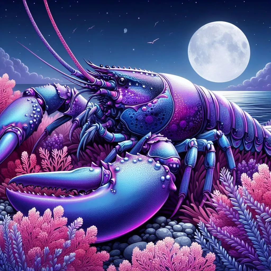 Langosta azul entre corales rosados a la orilla del mar de noche