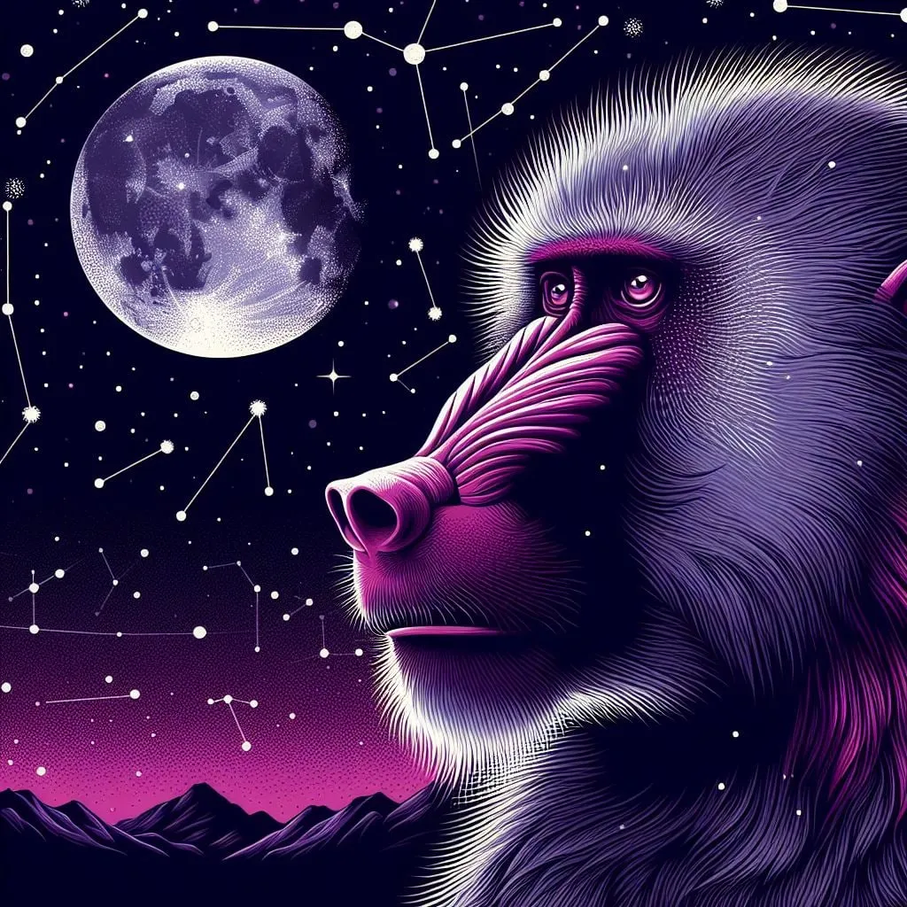 Perfil de un mandril frente a la luna llena
