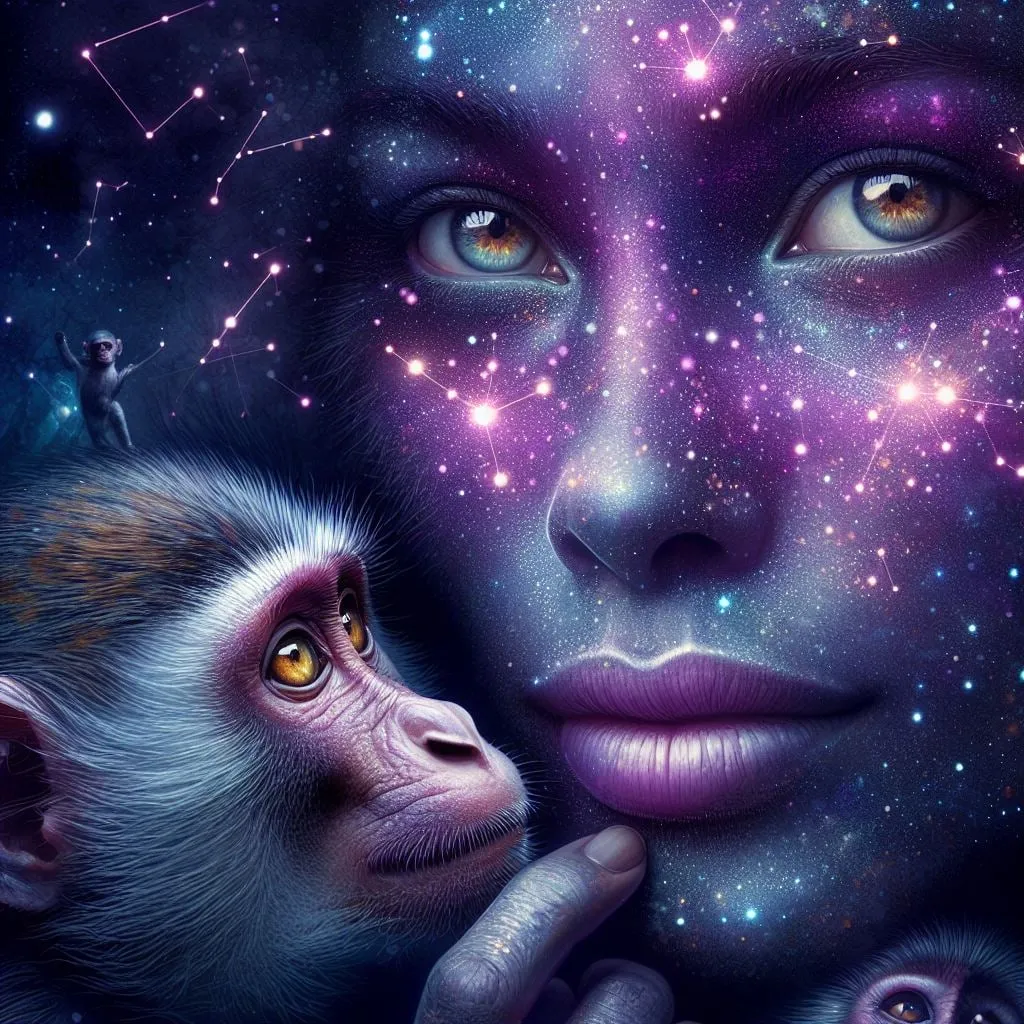 Rostro de mujer con un macaco en primer plano bajo un cielo estrellado