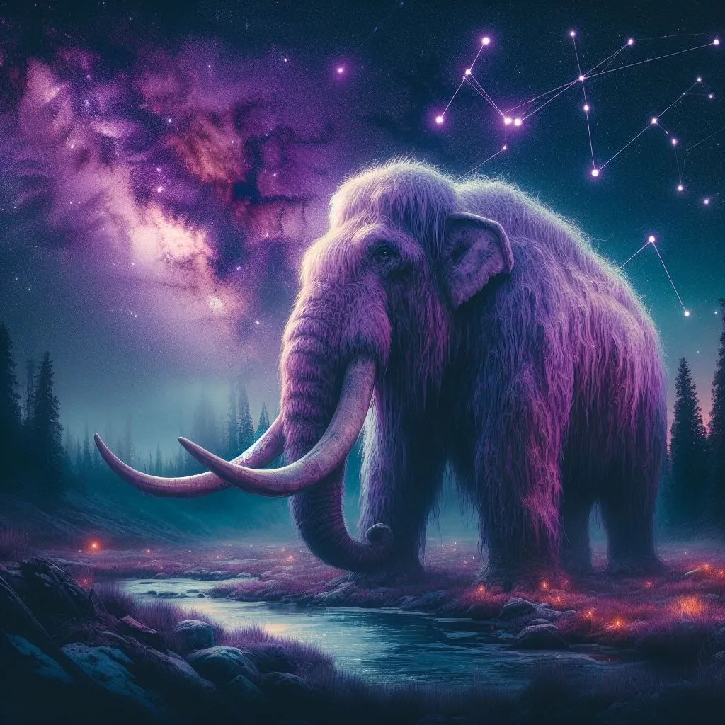 Mamut caminando junto a un río bajo la Vía Láctea