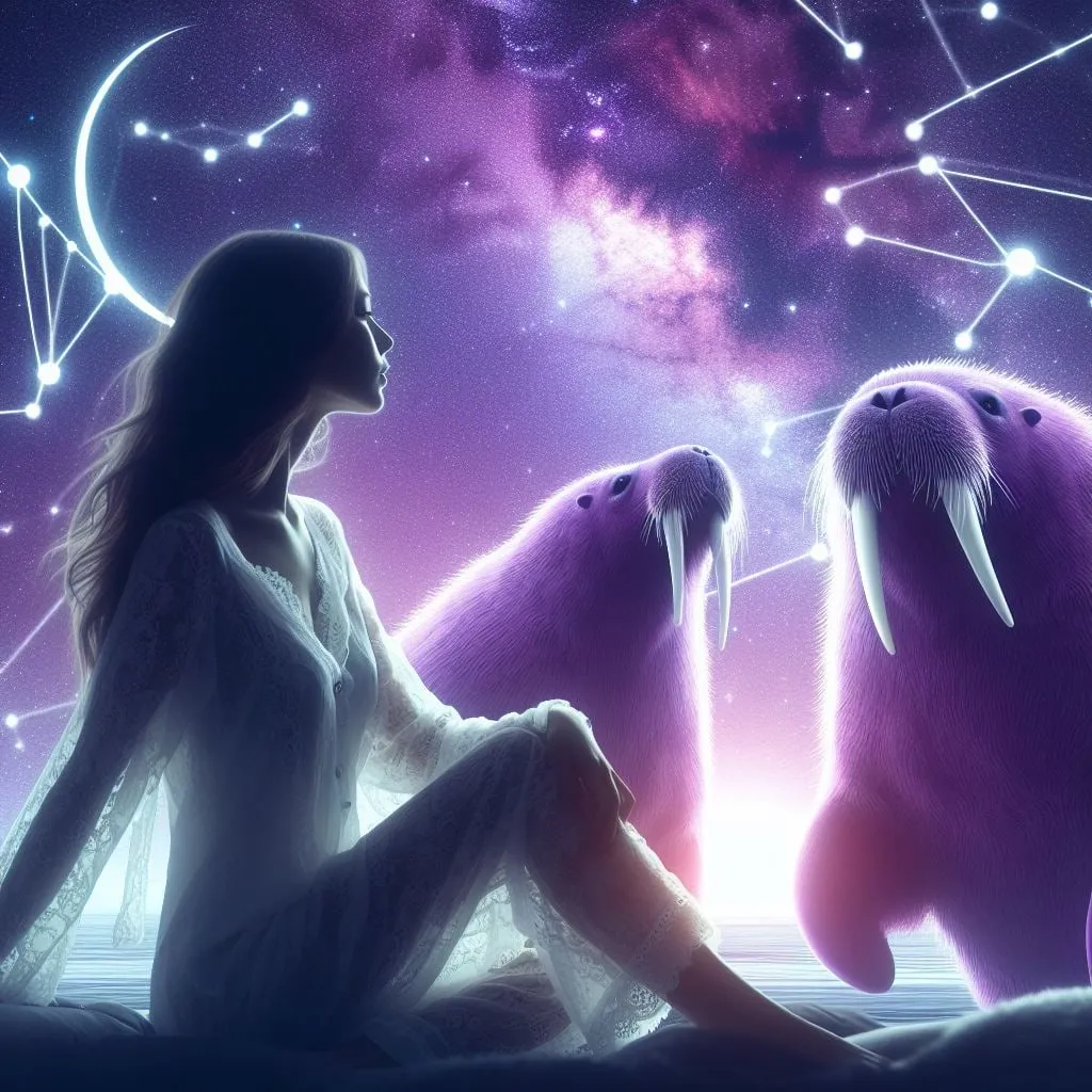 Mujer sentada contemplando dos morsas bajo la luna creciente