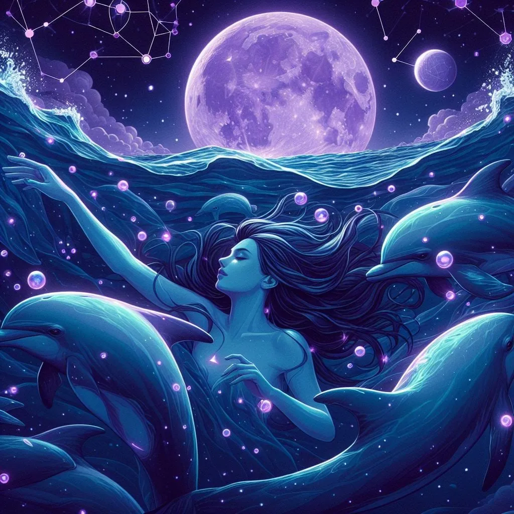 Mujer nadando con delfines bajo la luna llena