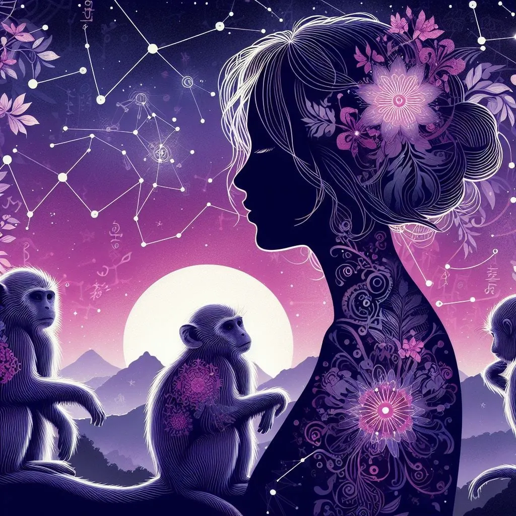 Perfil de mujer con flores junto a un mono frente a la luna