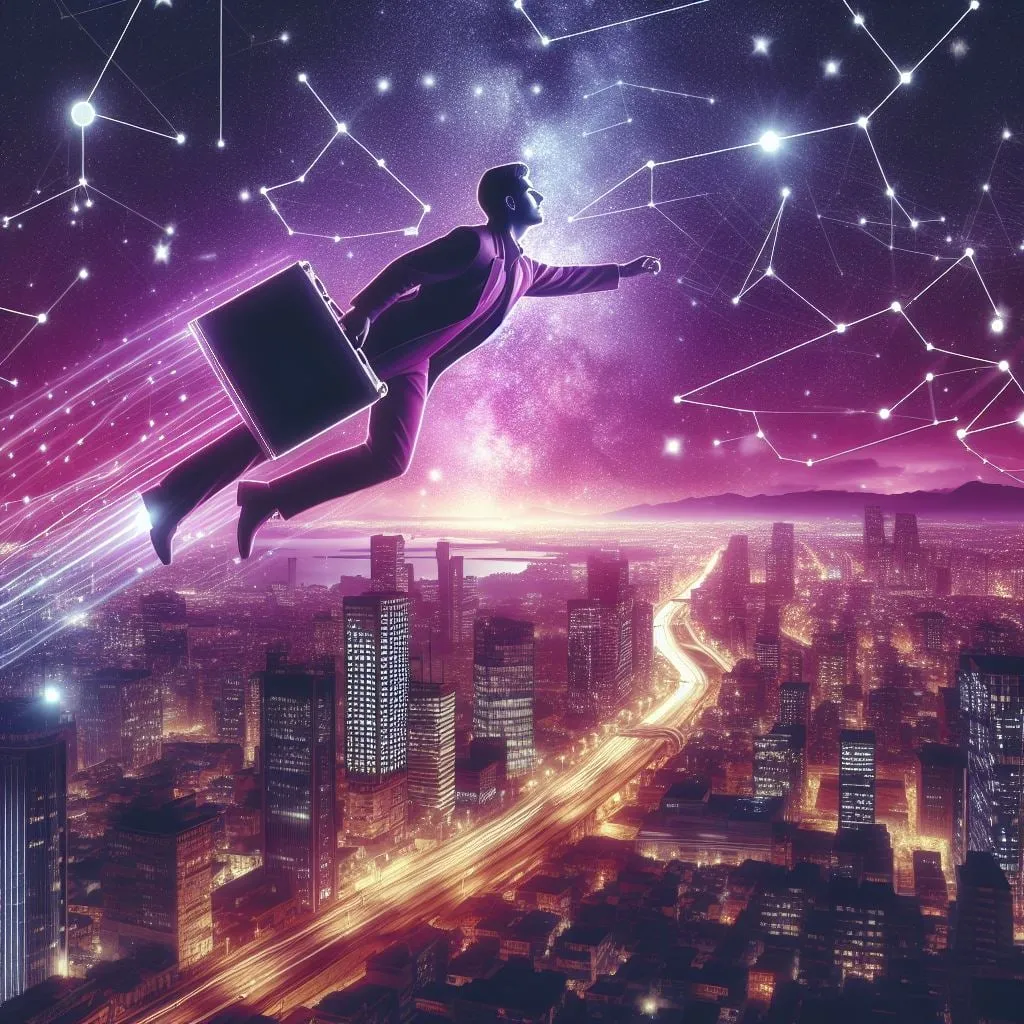Hombre con maletín volando sobre una ciudad iluminada de noche