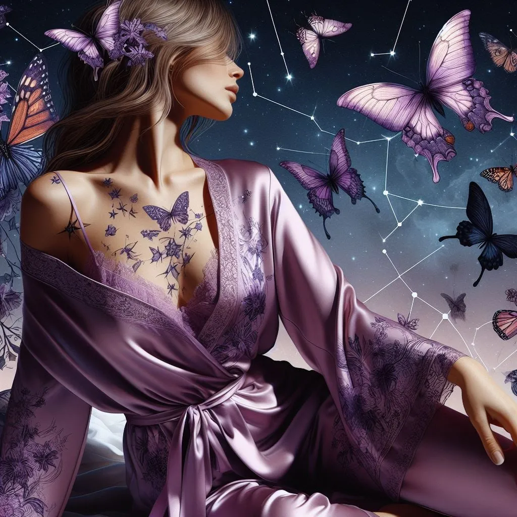Mujer en bata de seda con mariposas en la piel