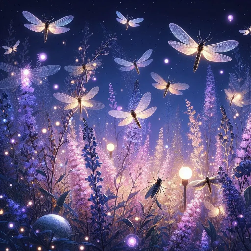 Luciérnagas luminosas volando entre flores lilas