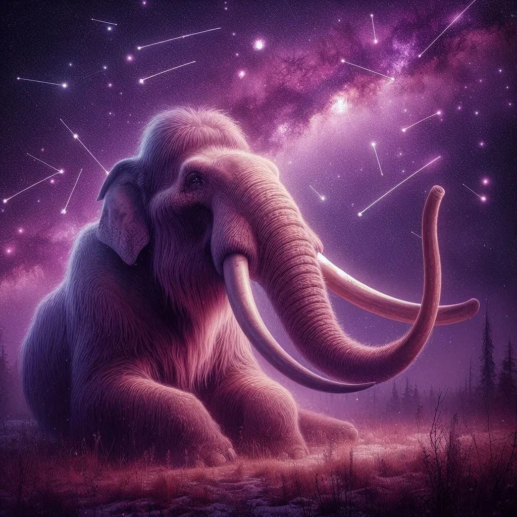 Mamut lanudo descansando bajo una lluvia de estrellas