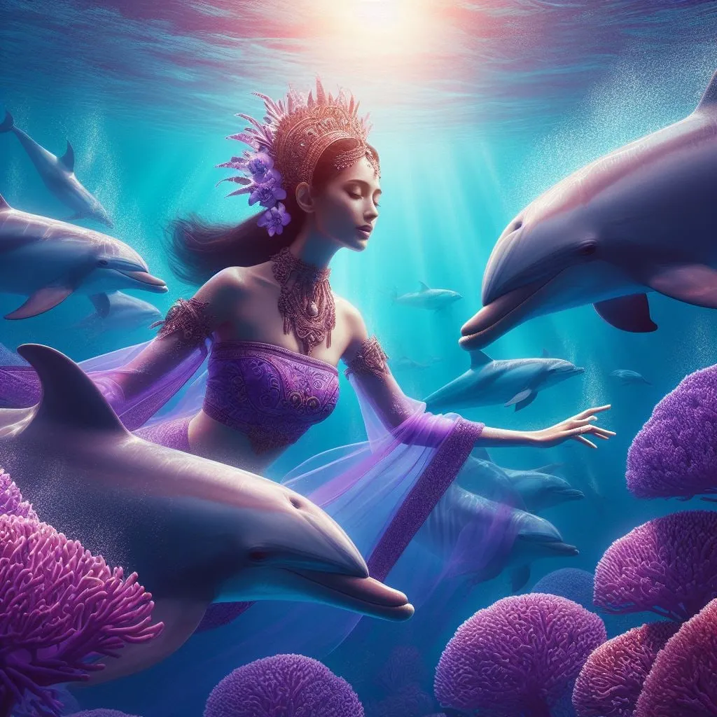 Mujer con corona nadando entre delfines y corales