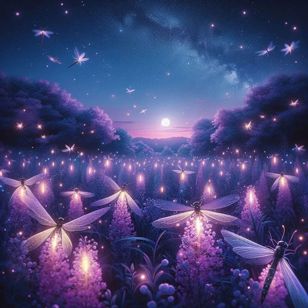 Prado de flores violetas iluminado por luciérnagas al anochecer