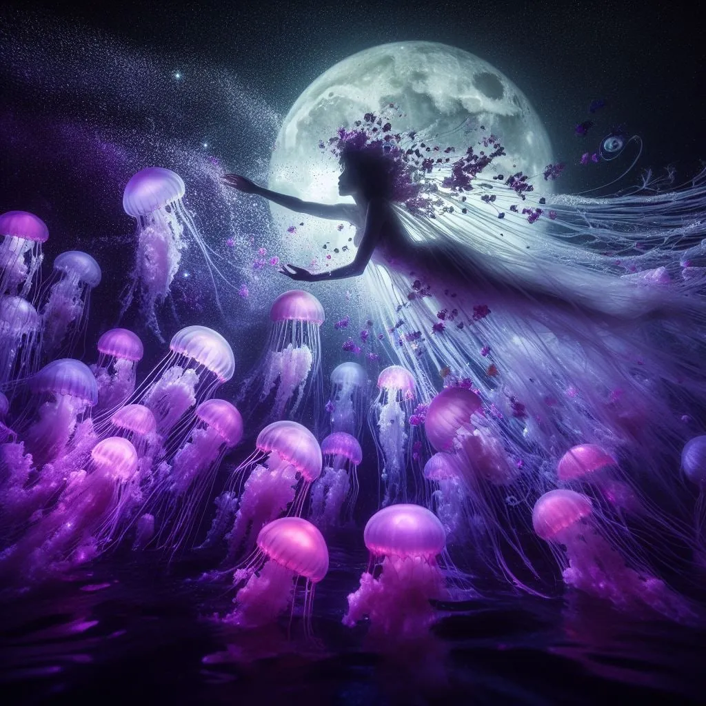Figura femenina flotando entre medusas bajo la luna llena