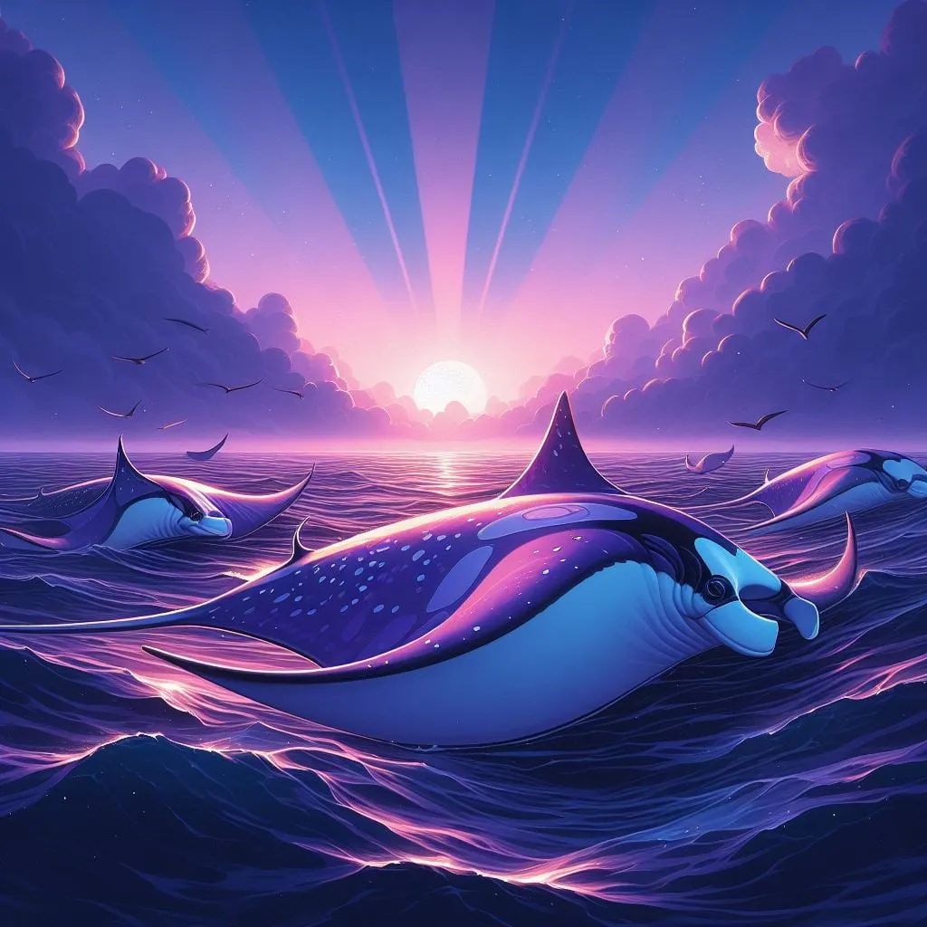 Mantarrayas en el mar al atardecer